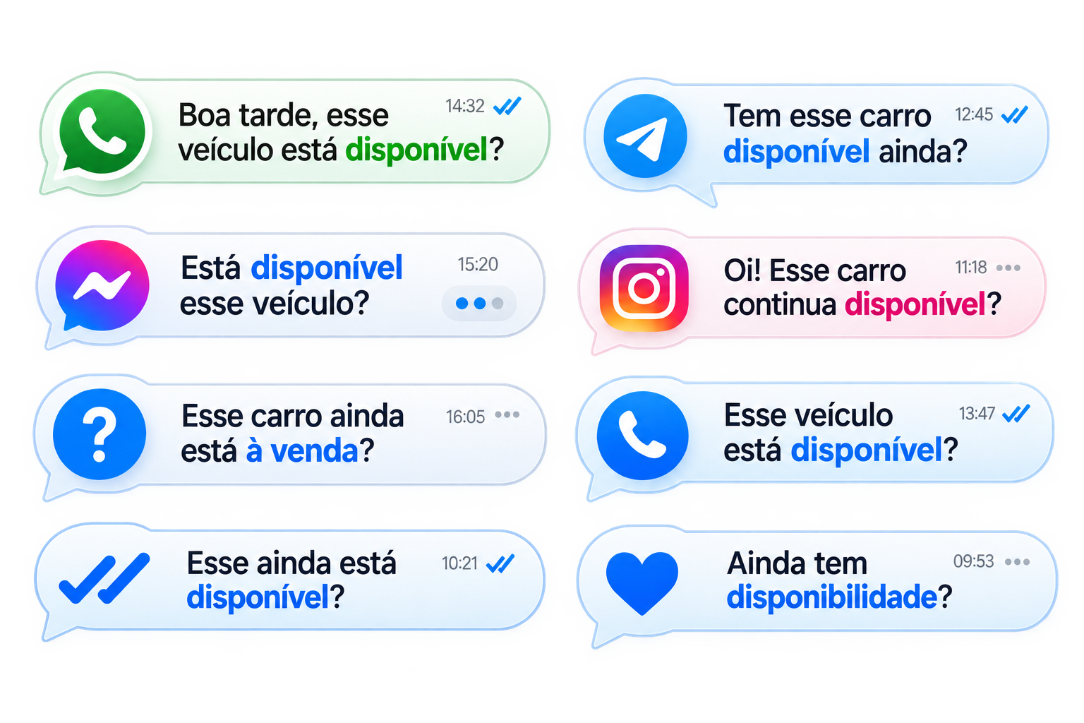 Perguntas de disponibilidade espalhadas em várias conversas — WhatsApp, Telegram, Messenger, Instagram e ligações.