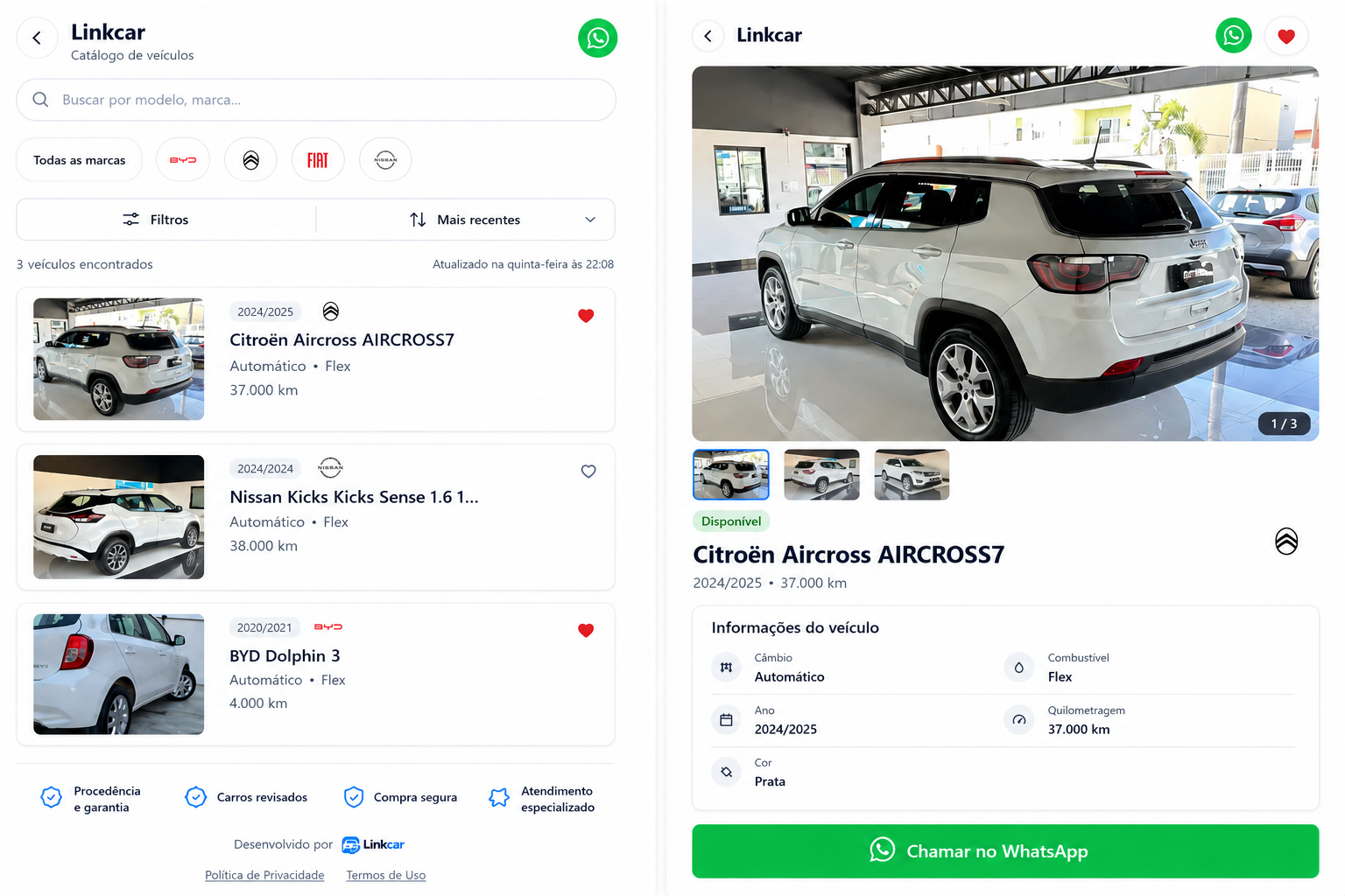 A vitrine da loja no Linkcar: à esquerda o catálogo com três veículos, à direita a página de um deles com fotos, ficha e botão de WhatsApp.